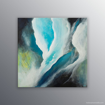 Peinture de l'artiste Helena Monniello qui représente des pluies, de l'eau, une cascade au printemps.