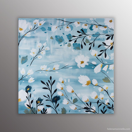 Peinture de l'artiste Helena Monniello représentant une sieste sous l'olivier en fleur, dans des tons de bleus.