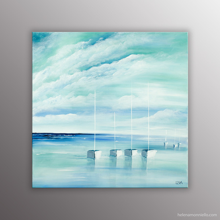 Peinture de l'artiste Helena Monniello représentant un paysage marin dans des tons vert d'eau.