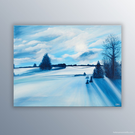 Peinture figurative de l'artiste Helena Monniello représentant une vue prise au bord du lac des Rousses.