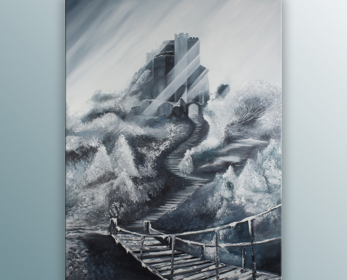 "En phase" peinture de l'artiste Helena Monniello représentant un paysage montagneux en noir et blanc.