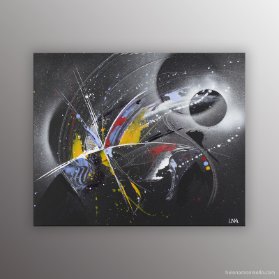Naissance d'une étoile, peinture abstraite futuriste sur fond noir de l'artiste Helena Monniello