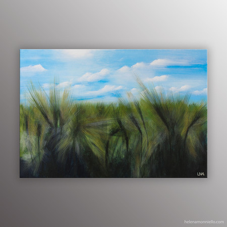 Blés au vent, peinture figurative de l'artiste Helena Monniello représentant un champ de blé dans le vent.
