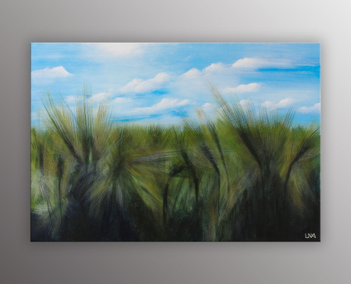 Blés au vent, peinture figurative de l'artiste Helena Monniello représentant un champ de blé dans le vent.