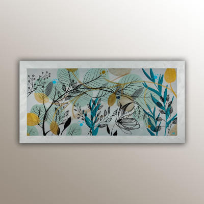 Mimosas, peinture de l'artiste Helena Monniello dans un style végétal. Dimensions : 40 x 80 cm.