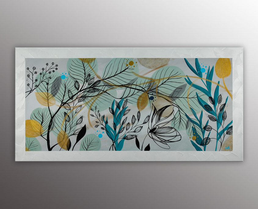Mimosas, peinture de l'artiste Helena Monniello dans un style végétal. Dimensions : 40 x 80 cm.
