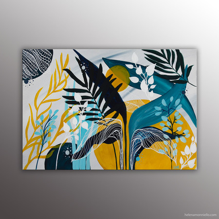 Vegetalis peinture dans des tons jaunes et bleu de l'artiste Helena Monniello. Esprit végétal.