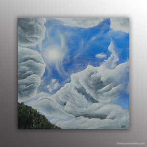 "Halo" peinture de l'artiste Helena Monniello représentant un paysage avec son ciel bleu et ses nuages.
