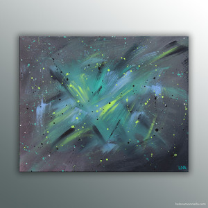 Aurora, peinture abstraite de l'artiste Helena Monniello qui représente une aurore boréale vue de dessus.