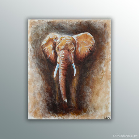 Peinture animalière de l'artiste Helena Monniello qui représente un éléphant en balade.