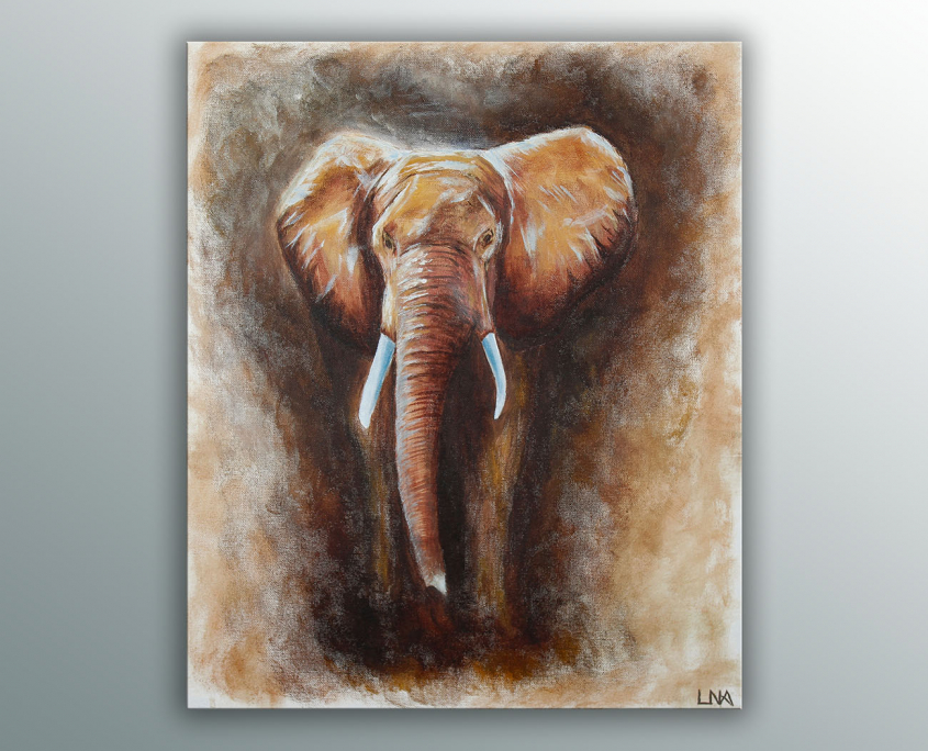 Peinture animalière de l'artiste Helena Monniello qui représente un éléphant en balade.