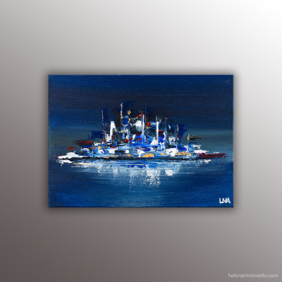 Land 310 paysage abstrait de l'artiste Helena Monniello représentant un ville ou un bateau sur l'eau.