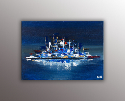 Land 310 paysage abstrait de l'artiste Helena Monniello représentant un ville ou un bateau sur l'eau.