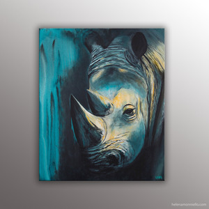Peinture de l'artiste Helena Monniello "Us", dans des tons bleu et jaune représentant un rhinocéros.