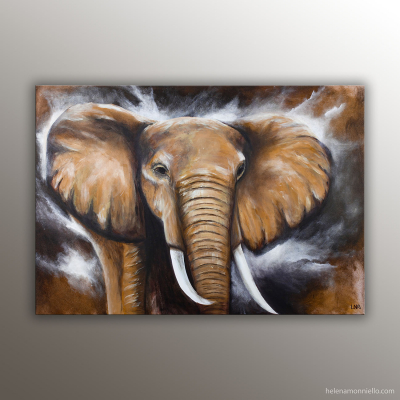 Le sage est une peinture de l'artiste Helena Monniello représentant un éléphant dans des tons marrons.