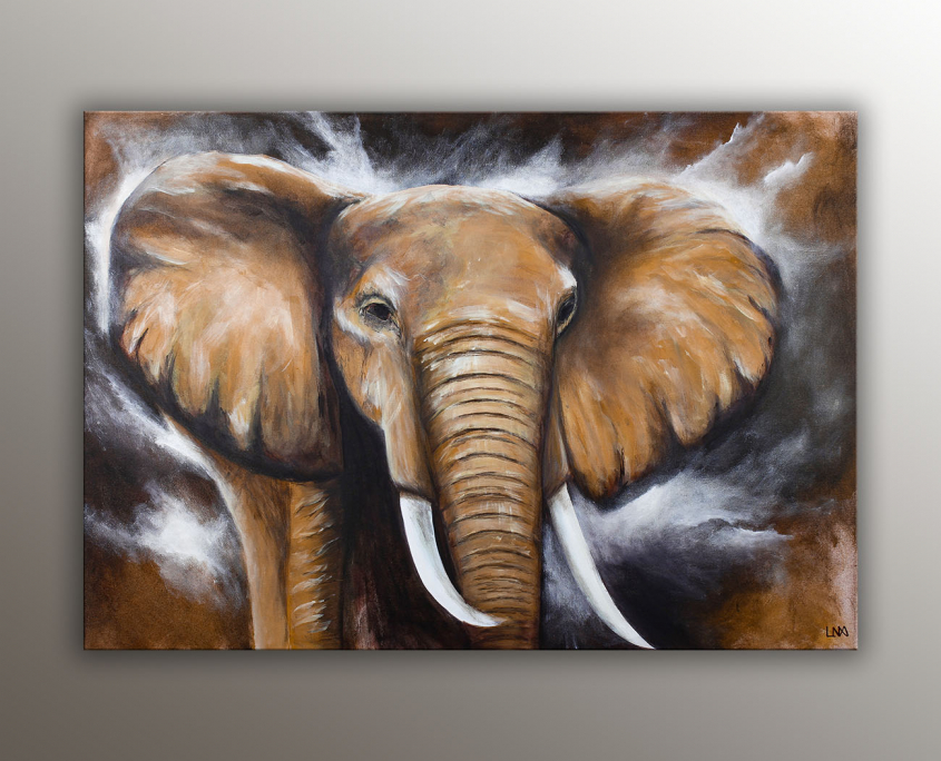 Le sage est une peinture de l'artiste Helena Monniello représentant un éléphant dans des tons marrons.