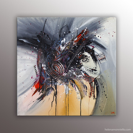 "En roue libre" peinture abstraite de l'artiste Helena Monniello dans des tons orangé, noir, gris.