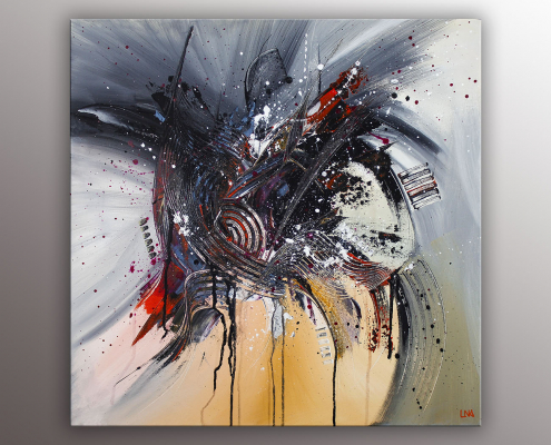 "En roue libre" peinture abstraite de l'artiste Helena Monniello dans des tons orangé, noir, gris.