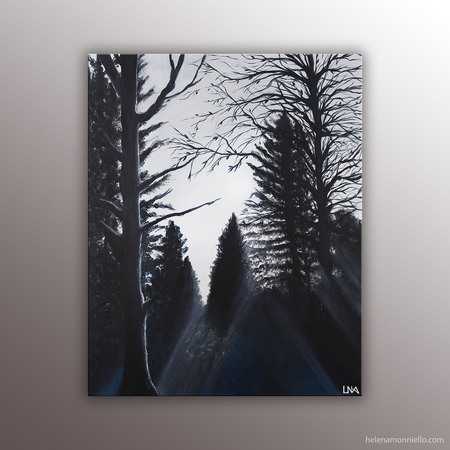 "Lueurs" : Paysage de montagne de l'artiste Helena Monniello dans des tons bleus foncés.