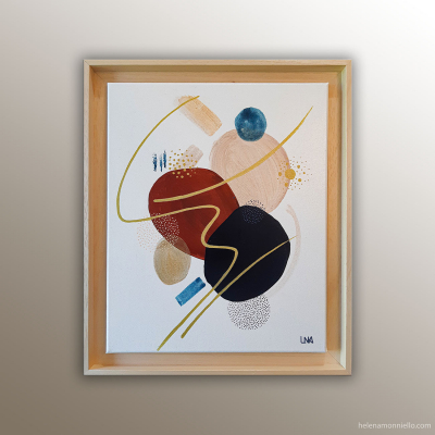 "Projet" : peinture abstraite de l'artiste Helena Monniello de sa série "Origines", dans des tons rouges, bleus, dorés.