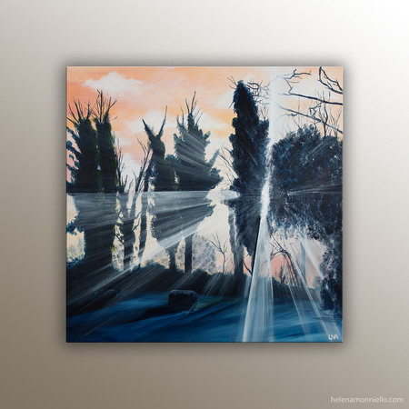 "Posture": Paysage représentant des arbres sur coucher de soleil de l'artiste Helena Monniello
