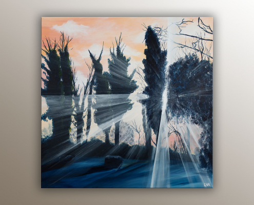 "Posture": Paysage représentant des arbres sur coucher de soleil de l'artiste Helena Monniello