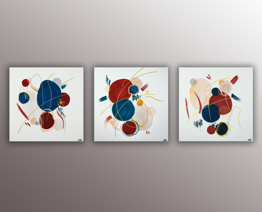 Triptyque des oeuvres le but, le mariage et vibrations de l'artiste Helena Monniello dans un style abstrait.