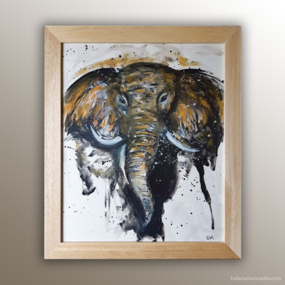 "A sa place" : Peinture de l'artiste Helena Monniello représentant un portrait d'éléphant.