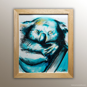 "En paix" : Peinture de l'artiste Helena Monniello représentant un koala dans les tons bleus.