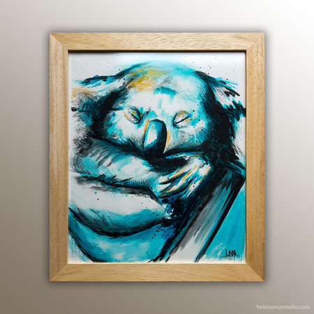 "En paix" : Peinture de l'artiste Helena Monniello représentant un koala dans les tons bleus.