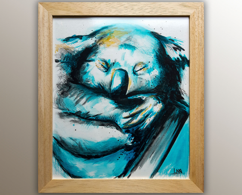 "En paix" : Peinture de l'artiste Helena Monniello représentant un koala dans les tons bleus.