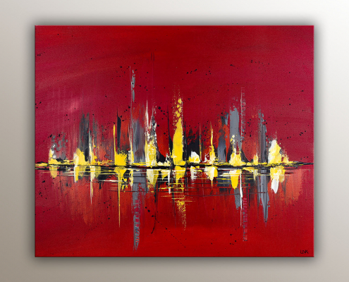 Land 338 est un paysage abstrait acrylique de l'artiste Helena Monniello dans des tons rouges.