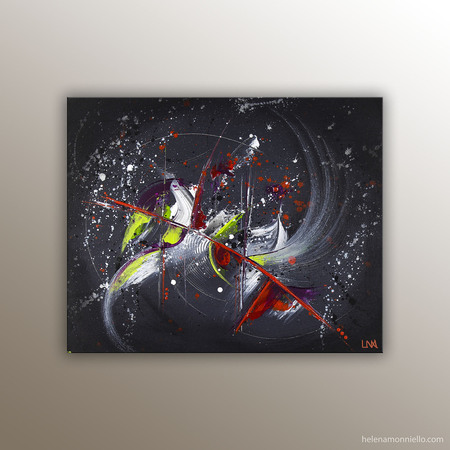 Tornade : Peinture abstraite de l'artiste Helena Monniello sur fond noir.