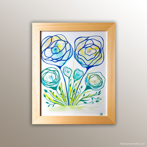 "11" Peinture aquarelle marqueur de l'artiste Helena Monniello représentant des fleurs dans des tons bleus et verts.