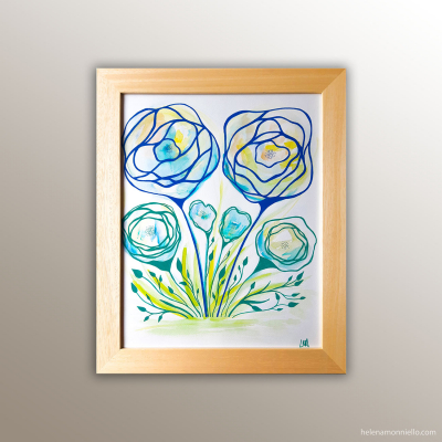 "11" Peinture aquarelle marqueur de l'artiste Helena Monniello représentant des fleurs dans des tons bleus et verts.