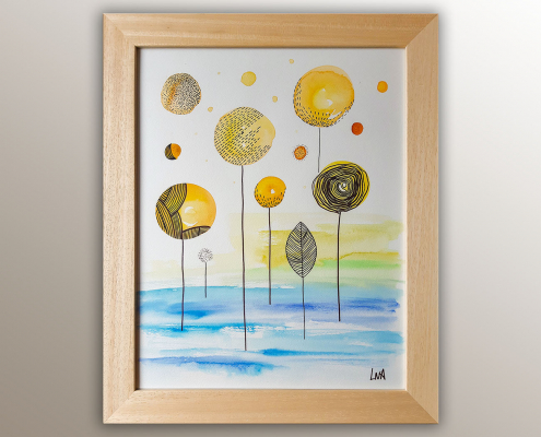 "8" Peinture aquarelle marqueur sur papier avec cadre en bois de l'artiste Helena Monniello.