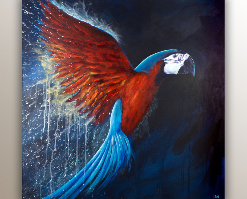 Liberty, portrait animalier de l'artiste Helena Monniello réprésentant un perroquet en vol.