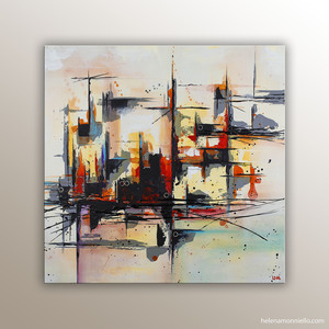 "Au levant" peinture abstraite sous forme de paysage urbain coloré de l'artiste Helena Monniello.