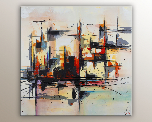 "Au levant" peinture abstraite sous forme de paysage urbain coloré de l'artiste Helena Monniello.