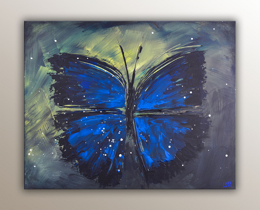 "Quelques mots d'amour" : Peinture acrylique de l'artiste Helena Monniello représentant un papillon bleu.