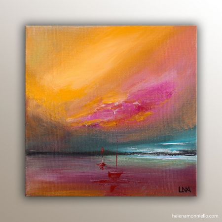 "Lueurs roses" est un paysage marin abstrait de l'artiste Helena Monniello dans des tons orangés roses.