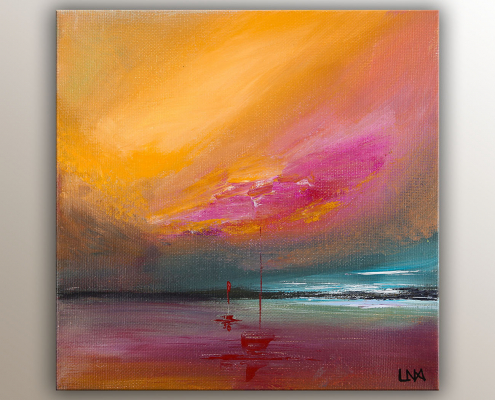 "Lueurs roses" est un paysage marin abstrait de l'artiste Helena Monniello dans des tons orangés roses.