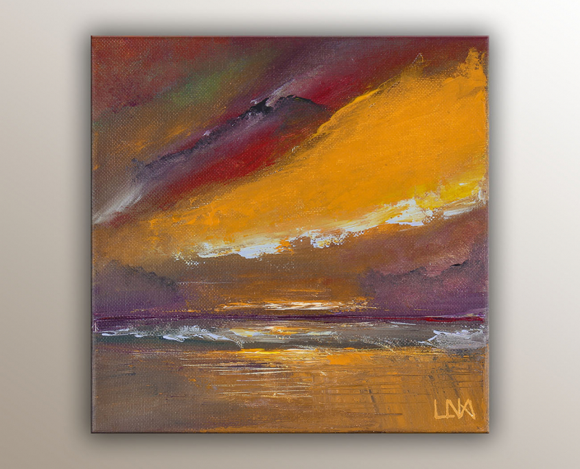 "Sunset" peinture semi abstraite de l'artiste Helena Monniello représentant un coucher de soleil sur la mer.