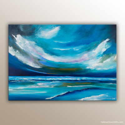 "Parfums d'horizon" : Paysage marin de l'artiste Helena Monniello dans des tons de bleu gris et blanc.