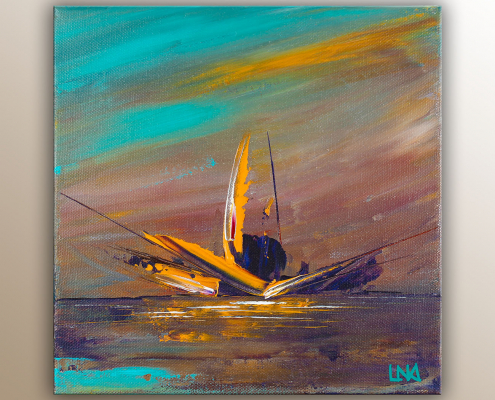 Reflets marins est une peinture sur toile de l'artiste Helena Monniello qui représente un voilier en mer.