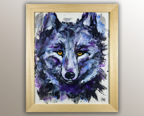 Le loup : portrait animalier de l'artiste Helena Monniello encadré sur mesure.