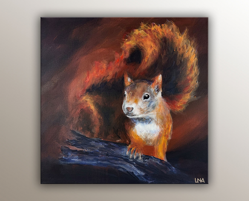 "Le trésor oublié" peinture animalière de l'artiste Helena Monniello représentant un écureuil
