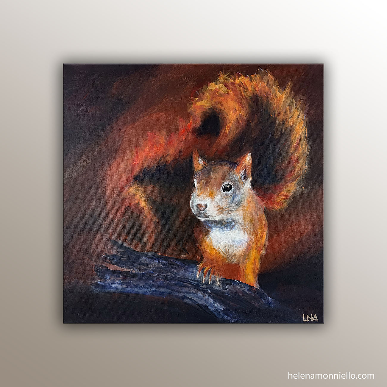 "Le trésor oublié" peinture animalière de l'artiste Helena Monniello représentant un écureuil