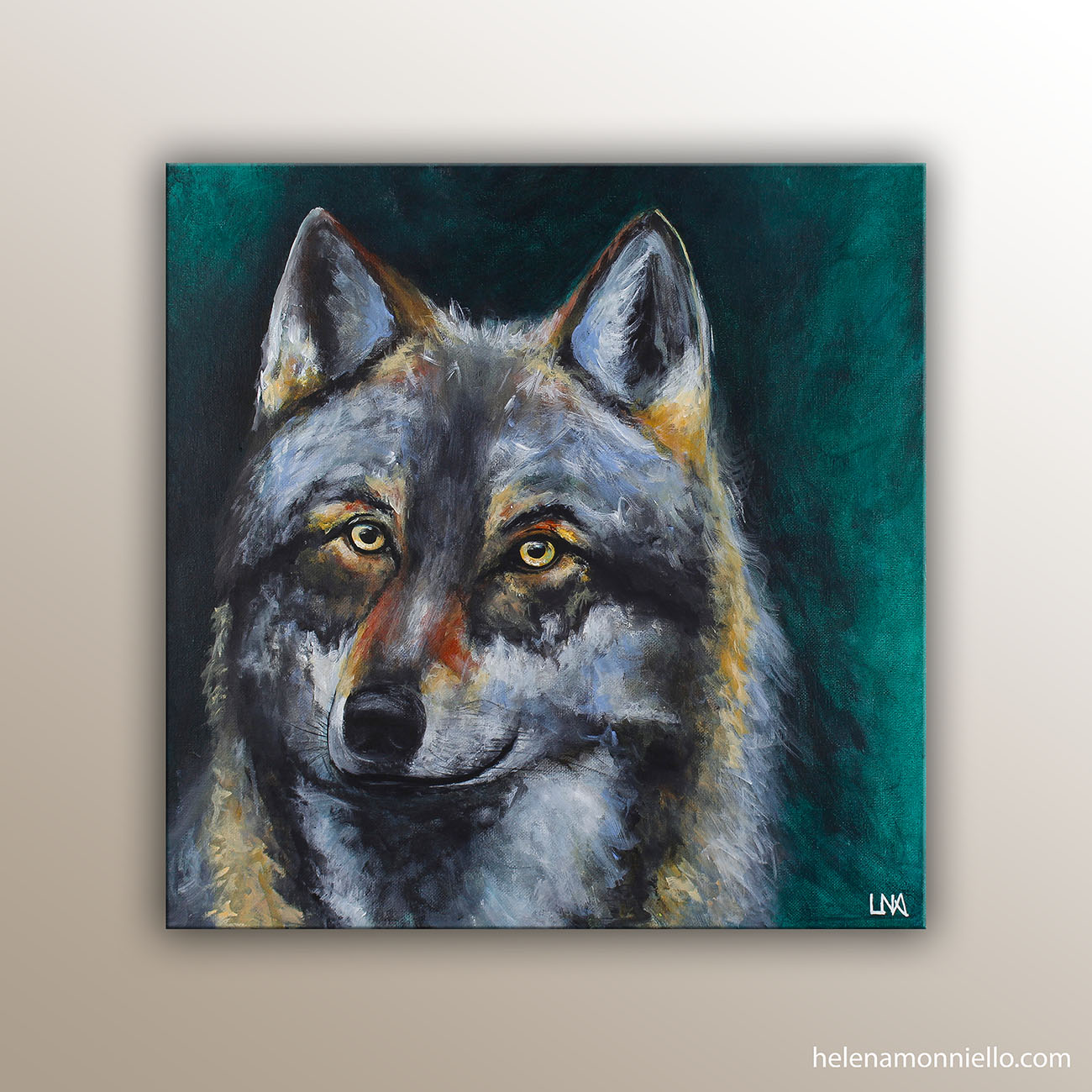 Protecteur : peinture animalière de l'artiste Helena Monniello représentant un loup