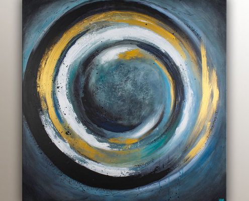 "Gong" est une oeuvre abstraite de l'artiste peintre Helena Monniello dans des tons foncés et dorés.